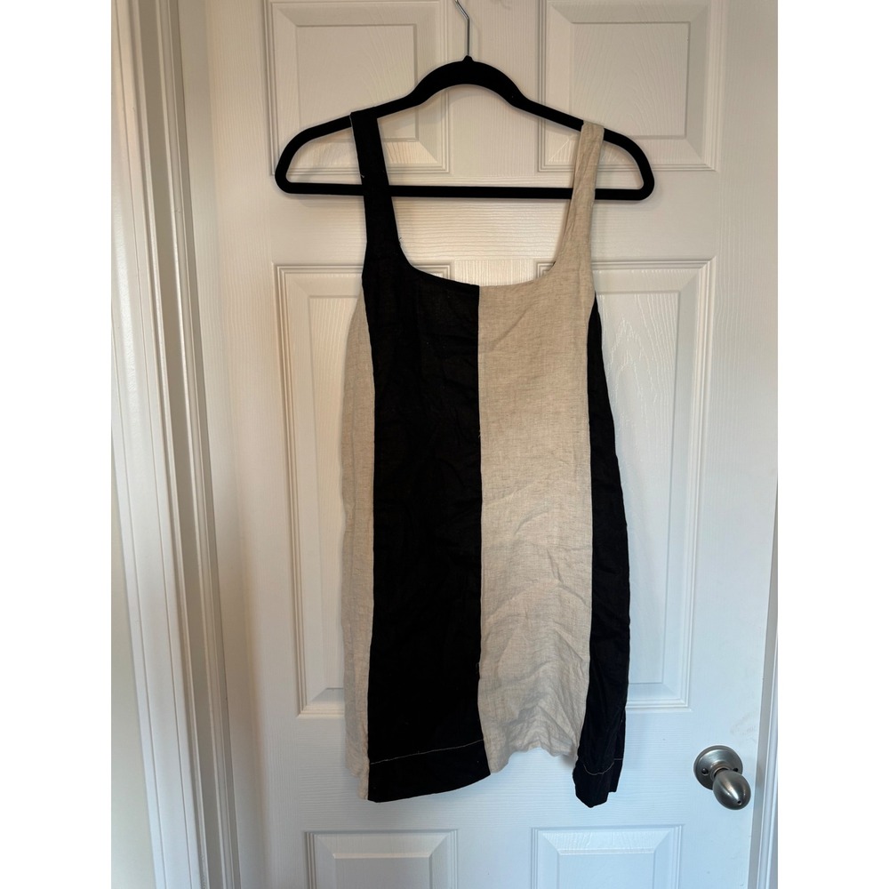 Miou Muse 100% Linen Striped Mini Dress Black Beige Sleeveless Shift Small